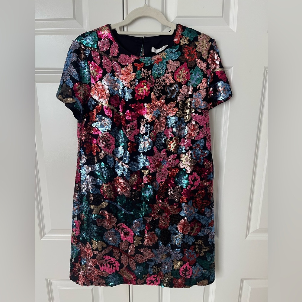 London Times Black Multicolor Sequin Floral Shift Dress